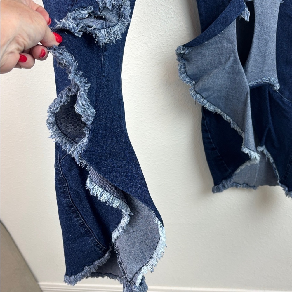 VENUS stretch dark blue high ruffle slit leg 5 pocket flared fitted denim Jeans - Picture 8 of 12